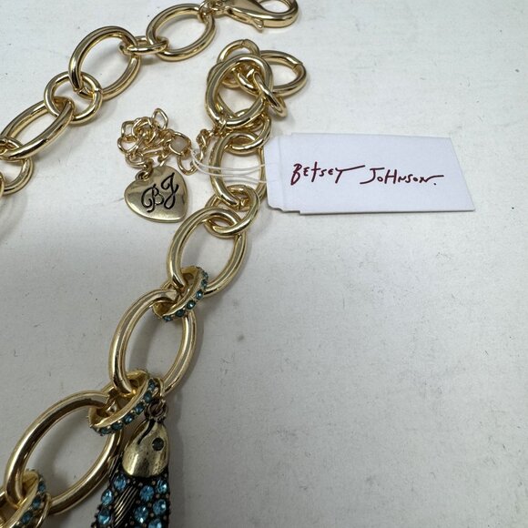 Betsey Johnson Fish Charm Rhinestone Necklace Goldtone Link - Picture 5 of 10